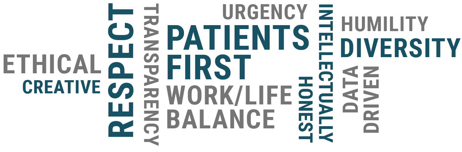 Our Values – Ethical, creative, respect, transparency, urgency, patients first, work/life balance, honest, intellectually, data driven, humility, diversity